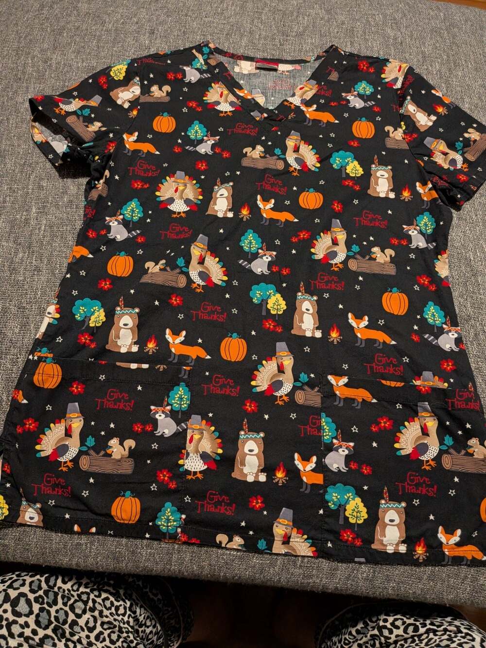 Dickies Thanksgiving Turkey Bear Fox Animal Print V-Neck Scrub Top